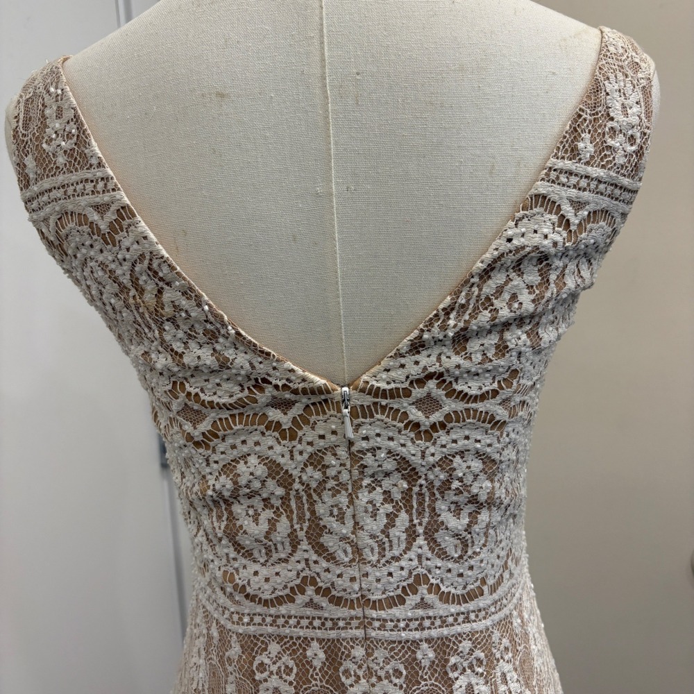VTG 90s NiteLine White Lace Beaded Tan Mini Dress 2 Bridal Goth Witchy Coquette - Picture 8 of 16